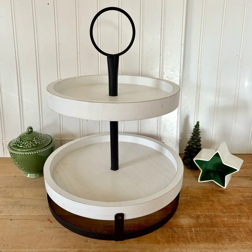 2 TIER WHITE & BLACK DISPLAY TRAY & HOLIDAY DECOR